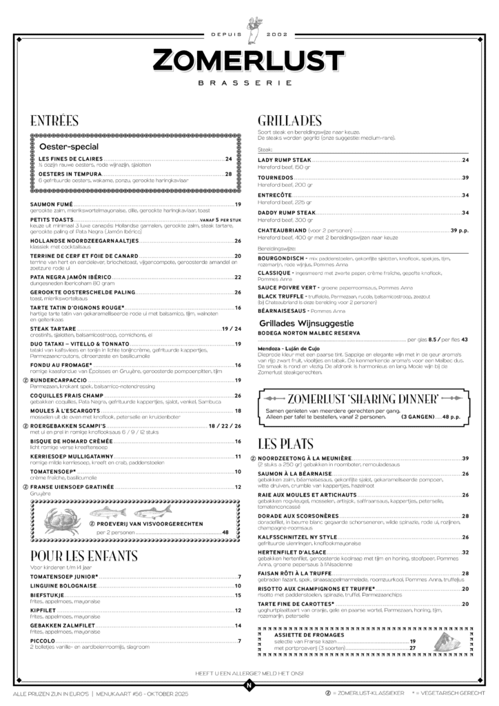 Dinerkaart Franse keuken Zomerlust